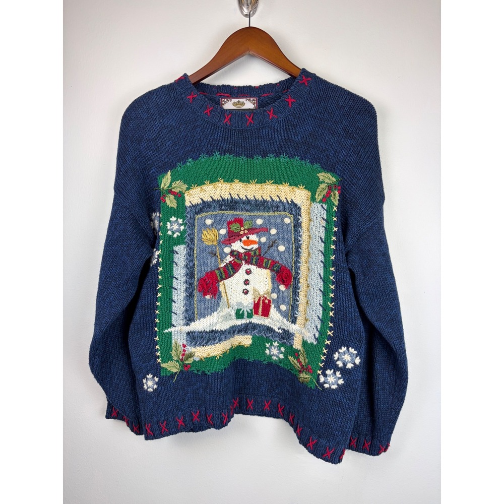 Tiara International Snowman Sweater M Blue Ugly Christmas Vintage Embroidered 3D
